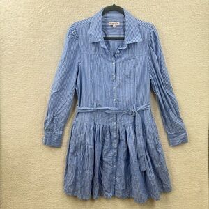Nanette Lepore Women's Blue White Striped Button down Shirt Dress Belted Size 14